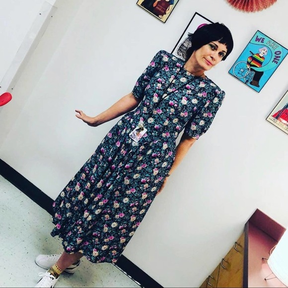 Vintage 80’s Floral Rayon Prairie Dress V Waist - Picture 2 of 7